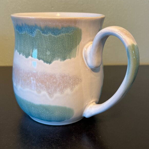 Jumbo Glossy Drip Glaze Ceramic Mug in Hues of Blue, Gray, Mauve Pink & White - Picture 4 of 10